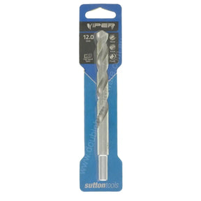 A 12.0 mm silver twist drill bit in its blue and black Sutton Tools Viper retail packaging, shown against a plain white background.