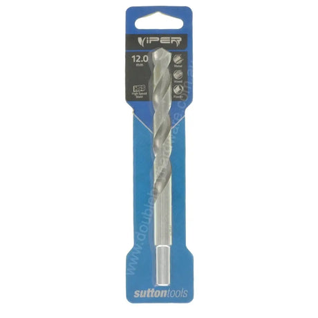 A 12.0 mm silver twist drill bit in its blue and black Sutton Tools Viper retail packaging, shown against a plain white background.