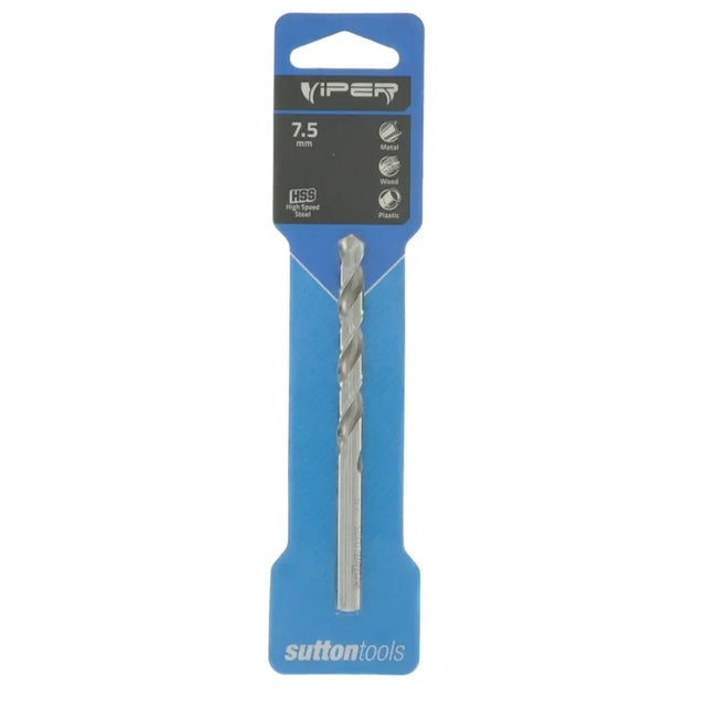 A 7.5 mm IPS carbide drill bit in its original blue and black retail packaging, showing the Viper brand and Sutton Tools logo.