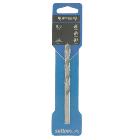 A silver twist drill bit in its original blue and black retail packaging, featuring the Viper brand and Sutton Tools logo.