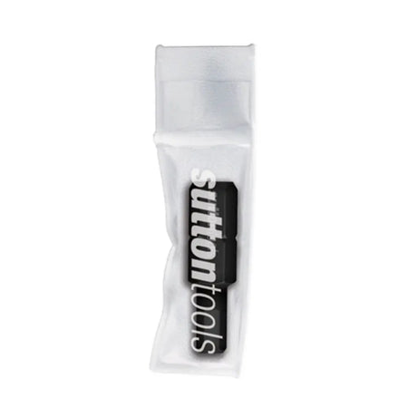 A SUTTON TOOLS brand black and white logo decal or patch inside a clear plastic protective sleeve, shown on a plain white background.