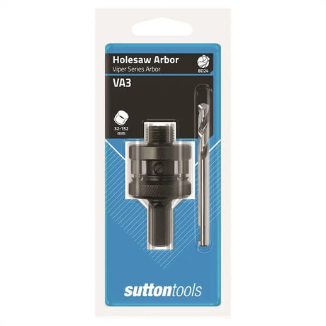 Sutton Tools Viper Series Arbor Holesaw Arbor VA3 3/8-16 thread, packaged in a blue and white retail blister card with the tool visible through a clear window.