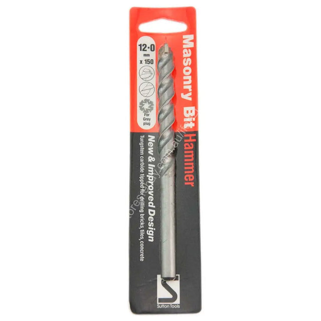 A packaged masonry bit hammer with a silver spiral drill bit and a red and black retail card. The packaging features the text 'Masonry Bit Hammer' and the brand 'Sation hard'.
