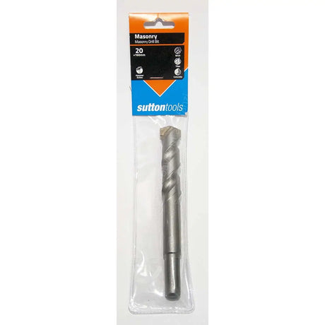 Sutton Tools masonry hammer drill bit in retail packaging, featuring a silver metal bit with a black and orange header card.