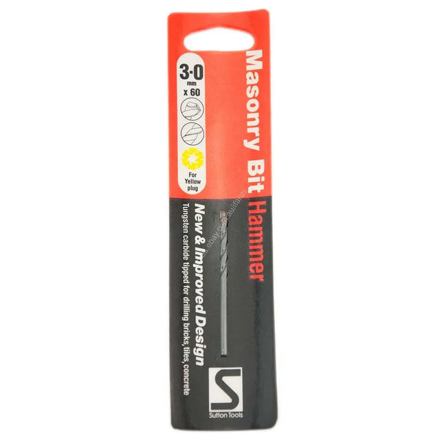Sutton Tools Masonry Bit Hammer in its retail packaging, featuring a red and black cardboard sleeve with product details and a visible metal bit.