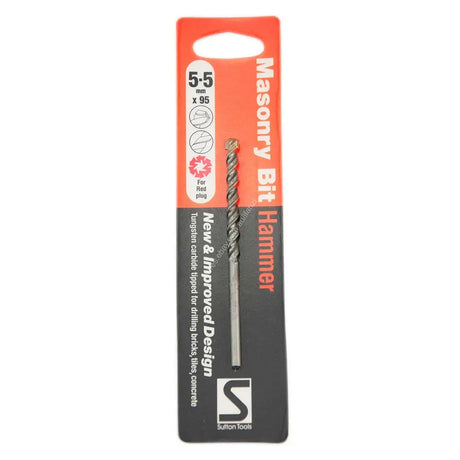 A Sutton Tools masonry bit hammer in its retail packaging, featuring a silver-colored metal bit with a spiral pattern, set against a bright orange and black card.