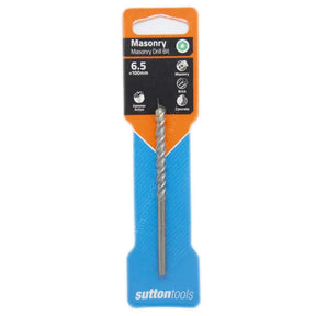 Sutton Tools 6.5mm x 100mm Masonry Drill Bit in its original retail blister packaging, featuring a silver metal bit with an orange and blue cardboard backing.