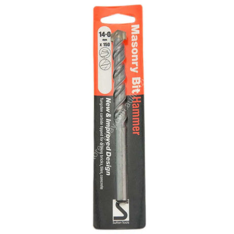 A packaged masonry bit hammer with a spiral drill bit and orange-and-black retail card. The card reads 'Masonry Bit Hammer' and shows the brand 'Safaron'.