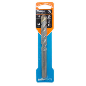 A Sutton Tools 16mm masonry drill bit in its original retail blister packaging, featuring a silver metal drill bit with a black and orange header card.