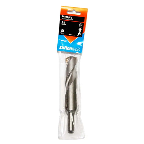 Sutton Tools 25mm Masonry Core Drill Bit in its original retail packaging, featuring a clear plastic sleeve and a colorful orange, black, and blue cardboard header.
