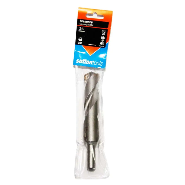 Sutton Tools 25mm Masonry Core Drill Bit in its original retail packaging, featuring a clear plastic sleeve and a colorful orange, black, and blue cardboard header.