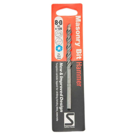 A packaged Masonry Bit Hammer drill bit with an 8-0 thread, shown in its retail blister packaging. The bit itself is silver-colored metal, and the packaging features a bright orange top section and a black bottom section with white and orange text.