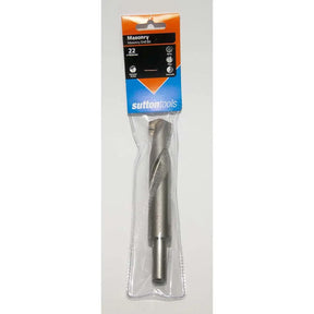Sutton Tools 22mm masonry twist drill bit in its original retail packaging, featuring a clear plastic sleeve and a cardboard header card with orange, black, and blue branding.