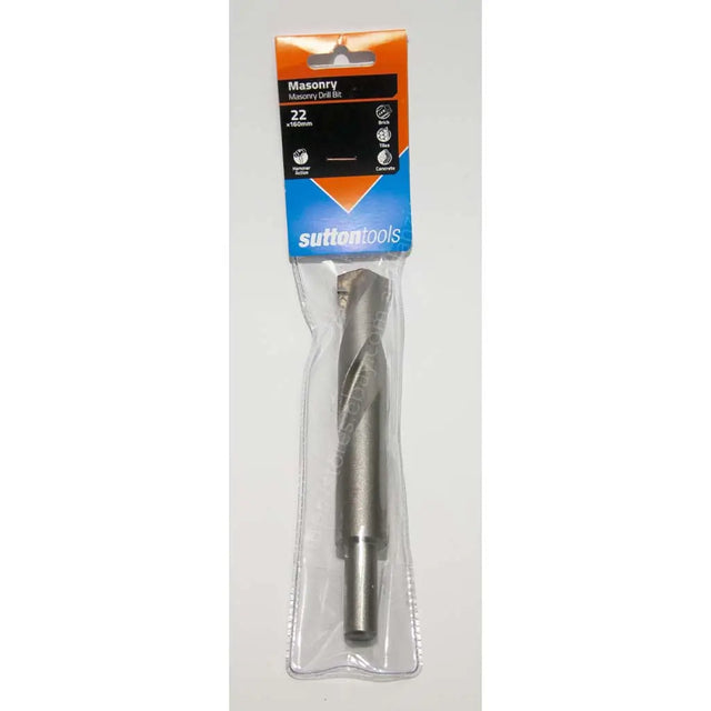 Sutton Tools 22mm masonry twist drill bit in its original retail packaging, featuring a clear plastic sleeve and a cardboard header card with orange, black, and blue branding.