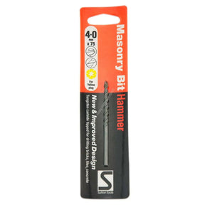 A pack of two 4-0 mm masonry bits with a hammer, in retail packaging. The packaging is orange and black with white and red text, and the bits are visible through a clear window.