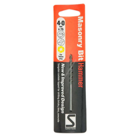 A pack of two 4-0 mm masonry bits with a hammer, in retail packaging. The packaging is orange and black with white and red text, and the bits are visible through a clear window.