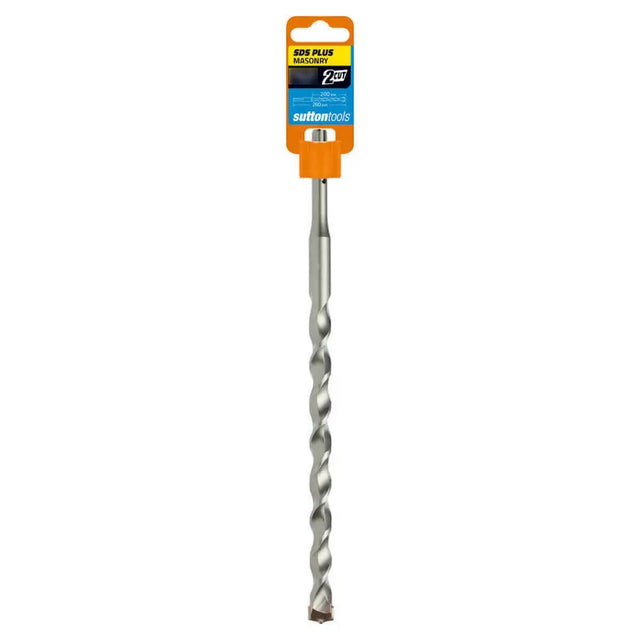 A 2-inch spiral twist drill bit with a silver metal body, shown vertically with its orange and blue Sutton Tools retail packaging header attached at the top against a plain white background.