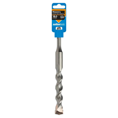 A SulfoTools 18.0 mm masonry drill bit with a spiral flute design, shown in its blue retail packaging on a plain white background.
