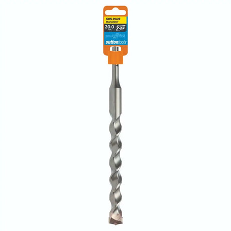 A 12-inch spiral twist drill bit with a silver metal body and a copper-colored tip, packaged with an orange and blue Sutton Tools header card on a white background.
