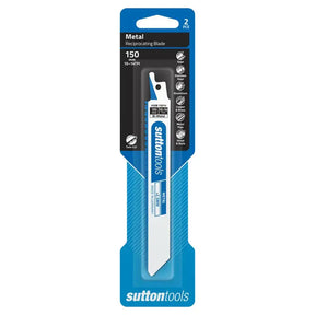 Sutton Tools 150mm reciprocating metal blade in blue and white retail packaging, shown against a plain white background.