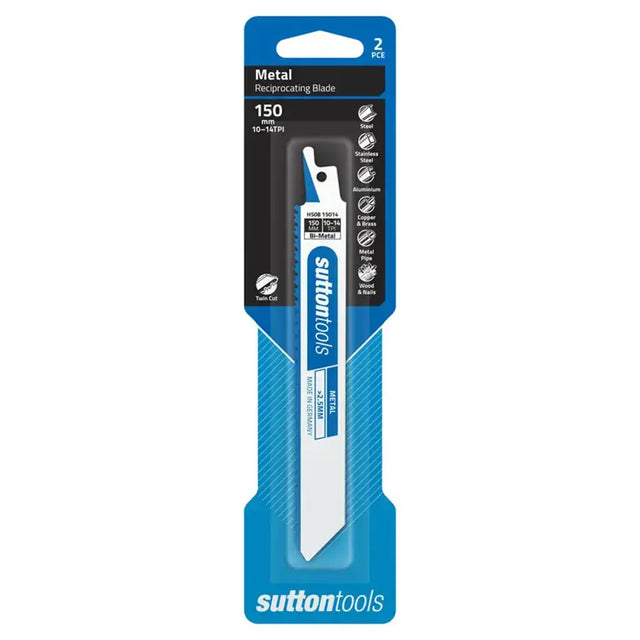 Sutton Tools 150mm reciprocating metal blade in blue and white retail packaging, shown against a plain white background.