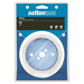Sutton Tools 89 Metal Viper Bi-Metal Holesaw in retail packaging, featuring a circular saw blade with a blue center and white outer rim on a blue and white backing card.
