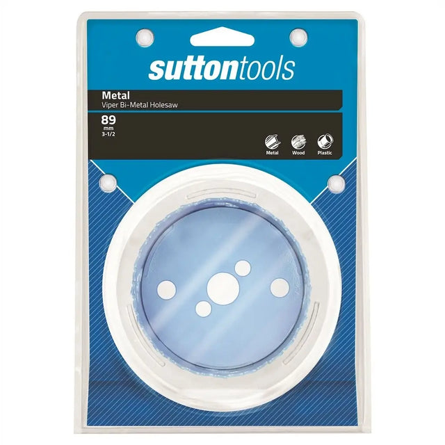Sutton Tools 89 Metal Viper Bi-Metal Holesaw in retail packaging, featuring a circular saw blade with a blue center and white outer rim on a blue and white backing card.