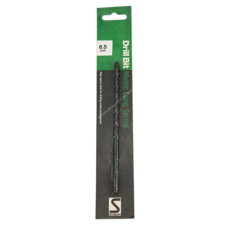 A single metric drill bit in its retail packaging, featuring a green and black cardboard sleeve with a white size label indicating 6.5 mm.