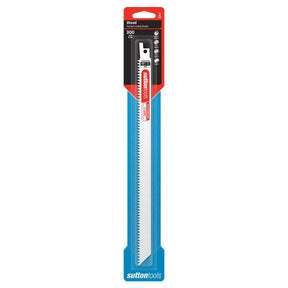 Sutton Tools 18V reciprocating saw blade in retail packaging, designed for wood cutting, featuring a blue blade with a silver cutting edge and a red and black header card.