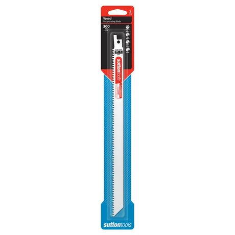 Sutton Tools 18V reciprocating saw blade in retail packaging, designed for wood cutting, featuring a blue blade with a silver cutting edge and a red and black header card.