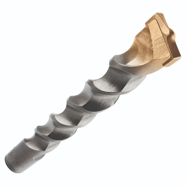 Metal drill bit with a bronze-colored cutting head on a white background