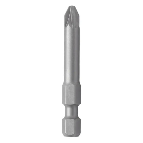A silver metal flathead screwdriver bit with a hex shank, shown vertically against a plain white background.