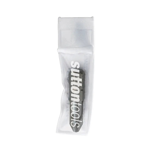 A single black screwdriver bit in a clear plastic protective sleeve with the brand name 'suttontools' printed vertically in white, set against a plain white background.