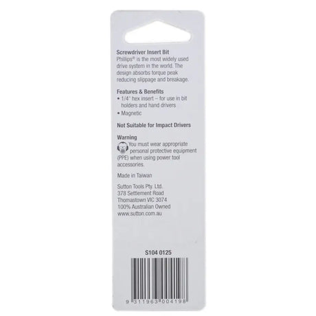 Back side of a white retail hang card for a Phillips driver insert bit, with printed product information, barcode, and Sutton Tools contact details.