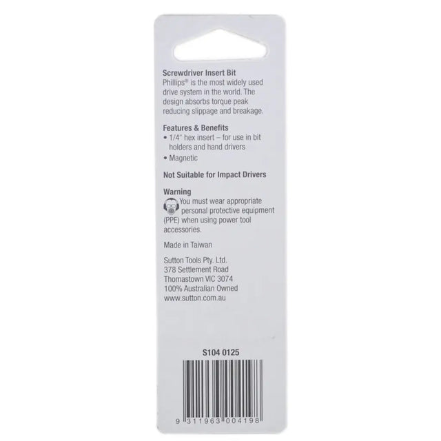 Back side of a white retail hang card for a Phillips driver insert bit, with printed product information, barcode, and Sutton Tools contact details.