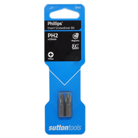 Two Phillips PH2 +25mm magnetic screwdriver bits in blue retail packaging by Sutton Tools.