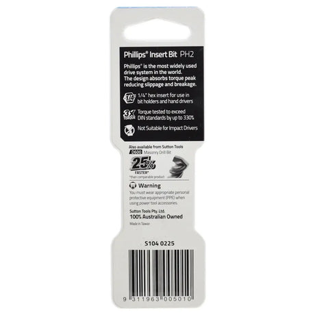 Two Phillips PH2 +25mm magnetic screwdriver bits in blue retail packaging by Sutton Tools.