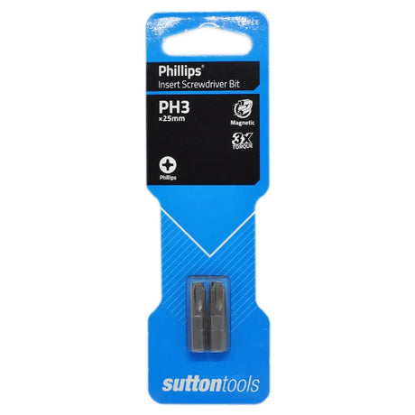 Pack of two Phillips PH3 x25mm magnetic screwdriver bits in a blue and black retail blister pack by Sutton Tools.