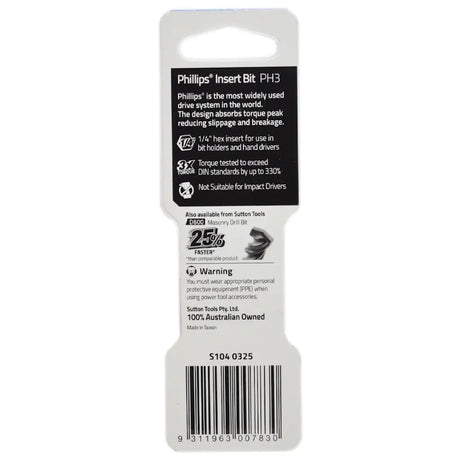 Phillips PH3 Insert Bit retail packaging card, featuring product specifications, a warning label, and a barcode on a white background.