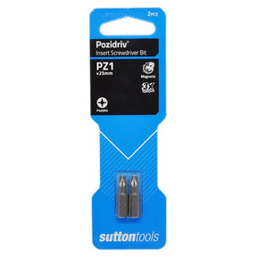 Two Pozidriv PZ1 x2.5mm magnetic insert screwdriver bits in blue Sutton Tools retail packaging.