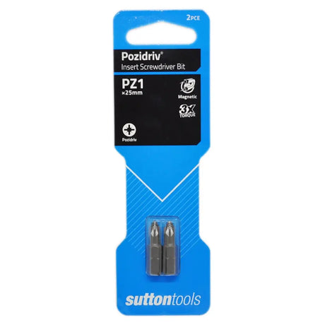 Two Pozidriv PZ1 x2.5mm magnetic insert screwdriver bits in blue Sutton Tools retail packaging.