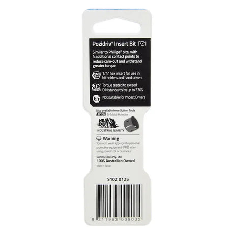 Packaged Pozidriv Insert Bit PZ1 by Sutton Tools, featuring a black and white plastic blister card with product specifications, a small photo of the bit, and a barcode.