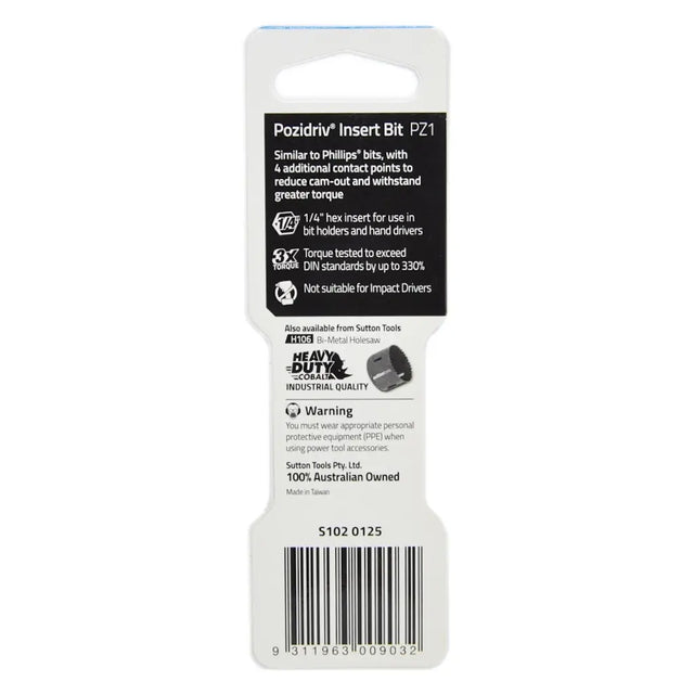 Packaged Pozidriv Insert Bit PZ1 by Sutton Tools, featuring a black and white plastic blister card with product specifications, a small photo of the bit, and a barcode.