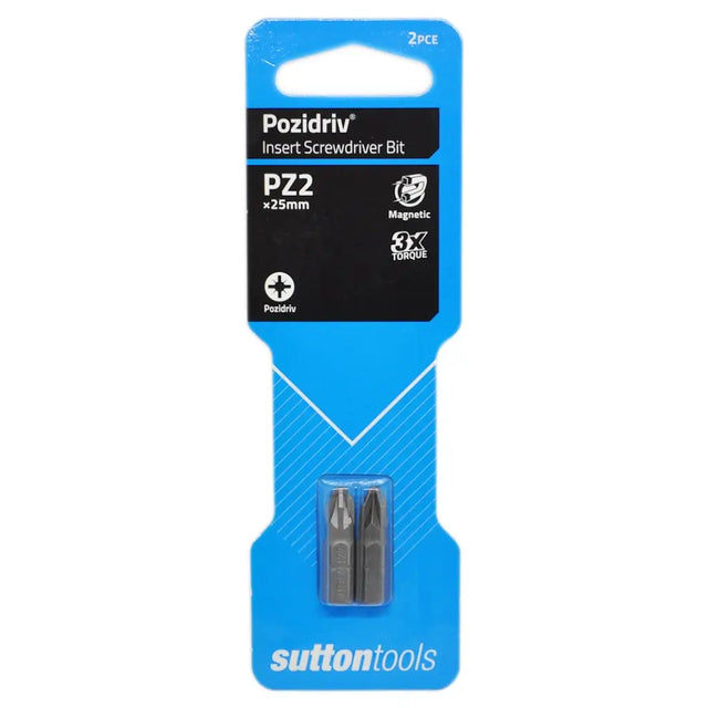 Sutton Tools Pozidriv PZ2 x25mm magnetic insert screwdriver bit set in blue retail packaging, containing two dark gray magnetic bits.