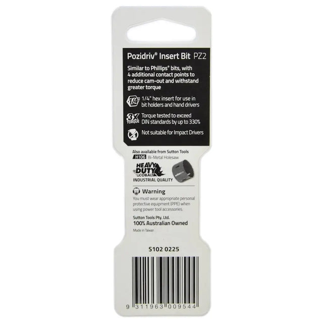 Packaged Pozidriv P22 Insert Bit by Sutton Tools, showing the black and white product information label on its retail hanger.