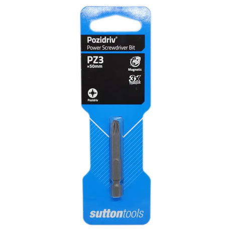 A Pozidriv PZ3 x50mm magnetic power screwdriver bit in its original blue and black retail packaging, manufactured by Sutton Tools.