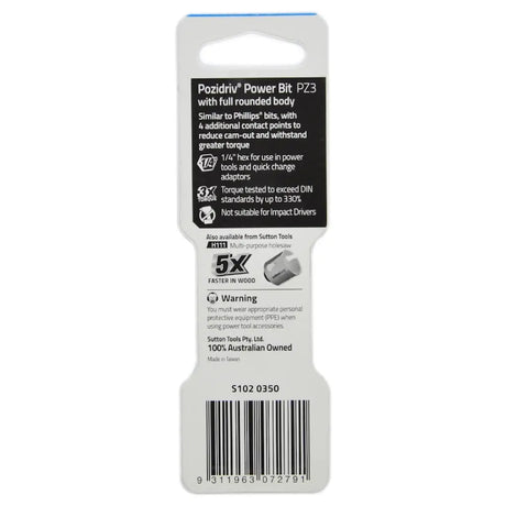 A packaged Pozidini Power Bit PZ3 socket driver bit with full rounded body, shown in its retail hanging card packaging on a white background.