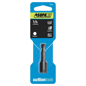A 1/4 inch x 45mm magnetic hammer bit from Sutton Tools, packaged in its original blue and black retail blister card. The bit is black and features a small white hammer icon on the packaging.