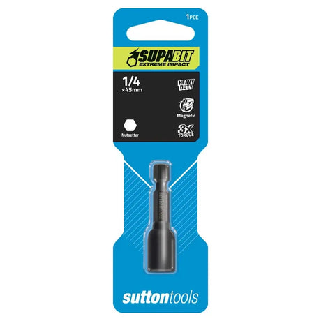 A 1/4 inch x 45mm magnetic hammer bit from Sutton Tools, packaged in its original blue and black retail blister card. The bit is black and features a small white hammer icon on the packaging.