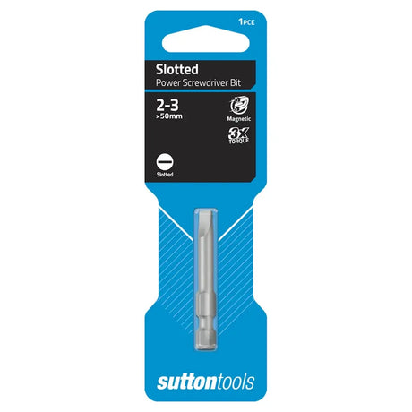 A single Sutton Tools slotted power screwdriver bit in its retail blister packaging, shown against a plain white background.